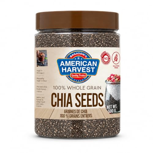 American Harvest Chia Seeds 500g Jar | Raw Whole Chia Seeds | Gluten Free Superfood | High in Omega-3 Fiber & Protein | Ideal for Pudding Smoothies & Baking