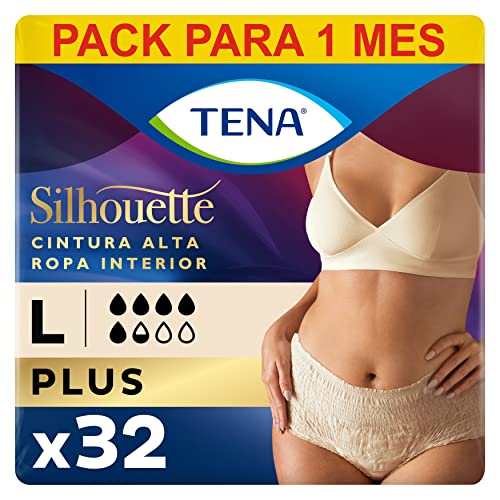 TENA Silhouette Plus Creme 4x8 - Ropa Interior para Incontinencia y Pérdidas de Orina Abundante - Diseño Cómodo y Transpirable - 32 Braguitas Desechables - Creme - Talla Grande