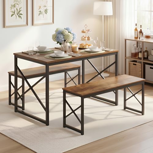 Image of VECELO 43.3 inch Kitchen Dining Table Set for 4, Heavy-Duty Steel Frame & Wood-Grain Tabletop, Space-Saving Dinette Sets with 2 Benches for Breakfast Nook and Small Space, Brown