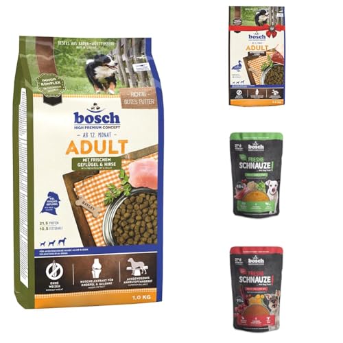bosch HPC Adult mit frischem Geflügel & Hirse +HPC Adult mit Ente & Reis 3kg + Freshe Schnauze Pute mit Quinoa und Spinat + Freshe Schnauze Rind mit Hirse und Rote Bete 250 g Hundenassfutter & trocken