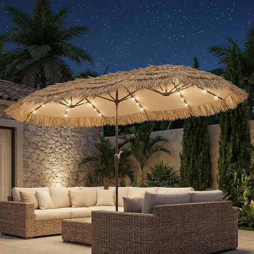 COSIEST 13FT Large Patio Umbrella with Solar Lights Outdoor Double-Sided Tiki Umbrella Rectangular Market Umbrella w Crank Handle for GardenPoolDeck Shade