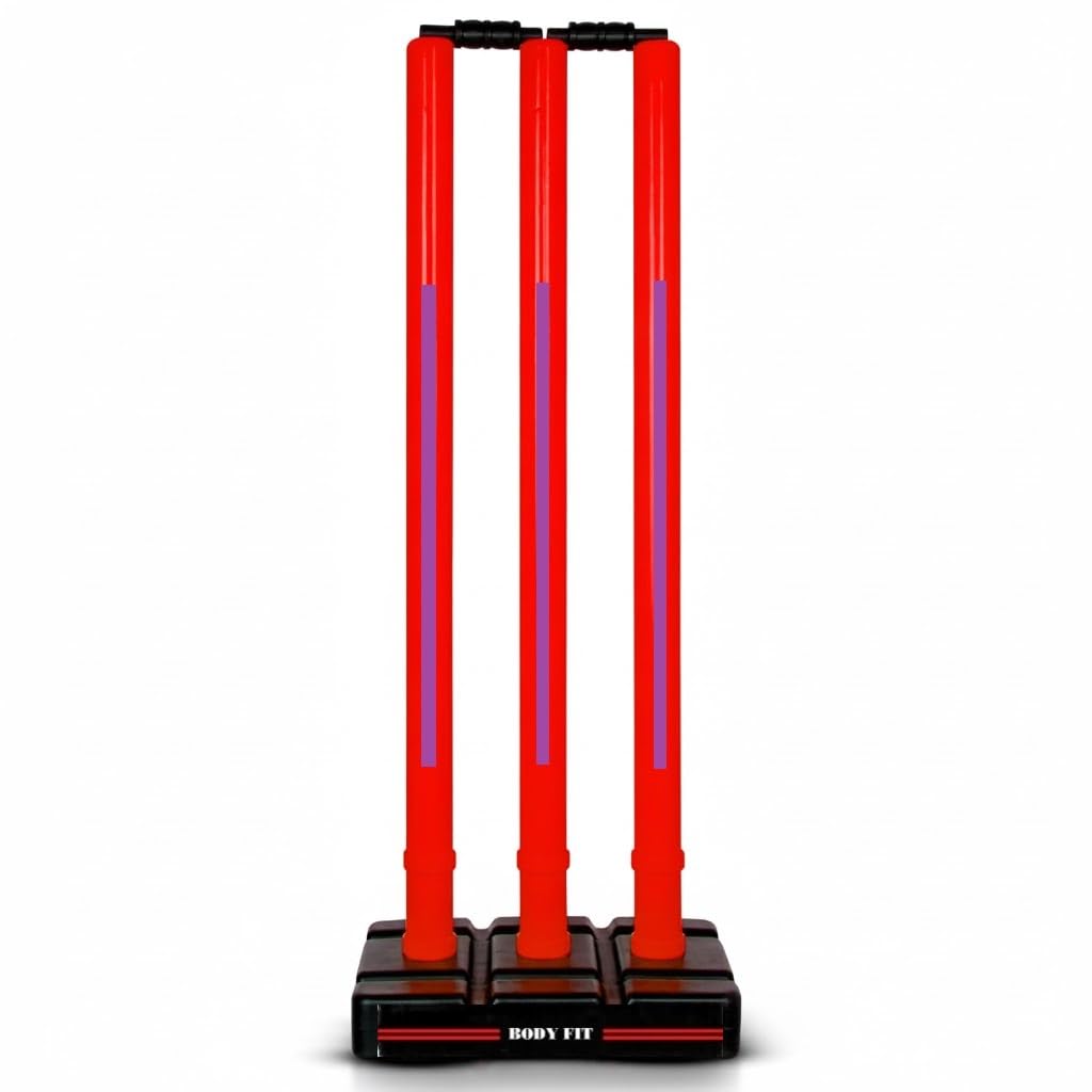 Bodyfit Premium Heavy Cricket Stumps | Red Plastic Wickets Set with 3 Stumps + 2 Bails + 1 Stand | Full Size Wickets for Cricket Ground, Tournament Wicket, Red-Purple.-image-12