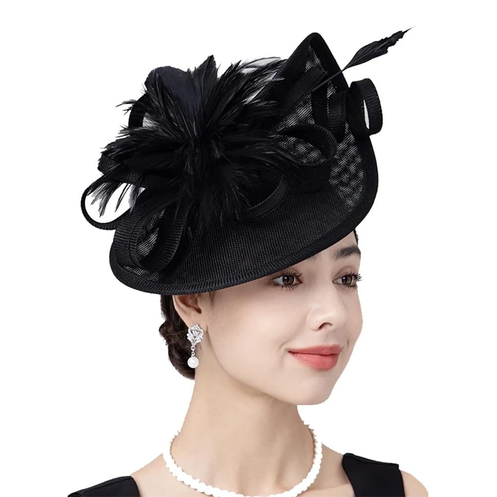 Tocado para Mujer, Tocado para Fiesta de té, Tocado de Plumas y Flores, Tocado de Boda (Azul Marino, Talla única)