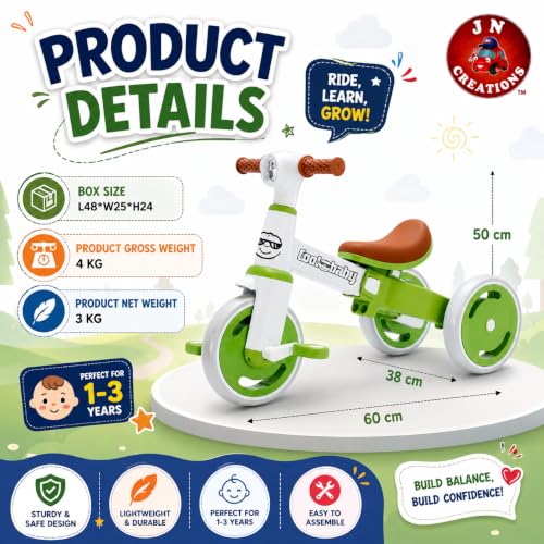 Image of 3-in-1 Toddler Tricycle | Slide, Pedal & Balance Bike for Kids | Leather Seat, Silent Wheels & Sturdy Frame | Ideal for 10 Months to 3 Years (Green)