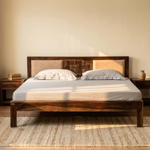 Image of Royaloak Regal Wooden Queen Size Bed in Sheesham Wood with Fabric Upholstered Headboard - Nivar Base Support, Strong & Durable Bed Frame for Bedroom Furniture