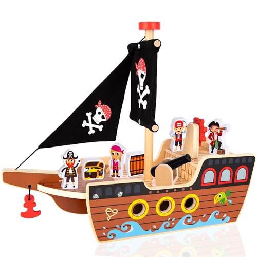 image for ArtCreativity Wooden Pirate Ship Toy Set for Kids - Pirate Play Set wi