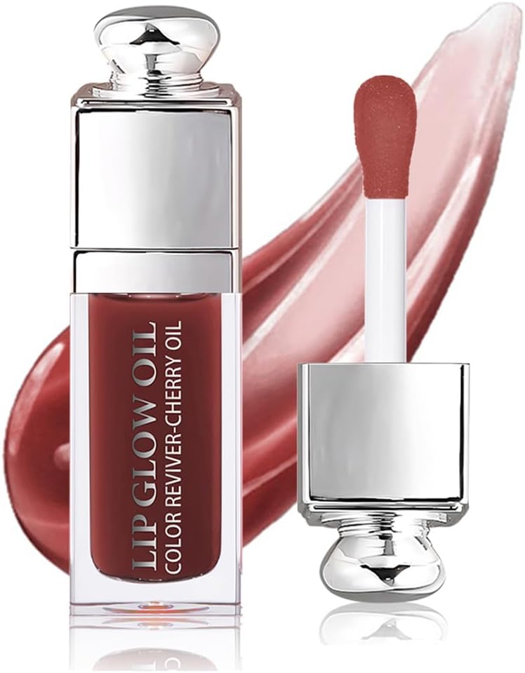 Hydrating Lip Glow Oil, Lip Oil Gloss Transparent Toot Tinted Nourishing Long Lasting Repairing Lightening Lip Lines (MAHOGANY) 0.2 OZ