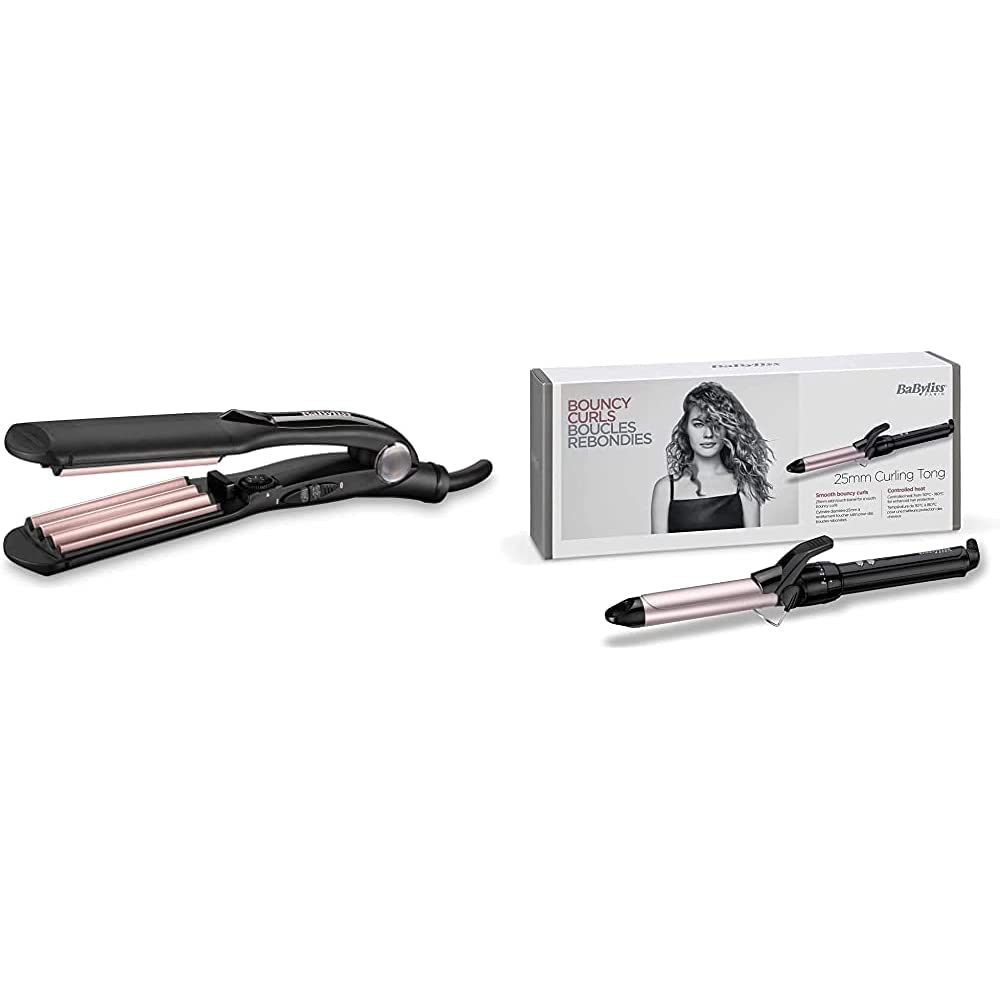 BaByliss Fer à gaufrer Crimper pour un résultat gaufré & Boucleur Curling Tong 25mm pour des Boucles Rapides et Rebondies C325E