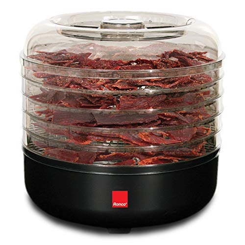 Ronco Beef Machine, 5-Tray Dehydrator with 5-Piece Kit, Food Preserver Quiet Operation, for Turkey, Chicken, Fish, Fruits, Vegetables, Deluxe Black w/jerky gun