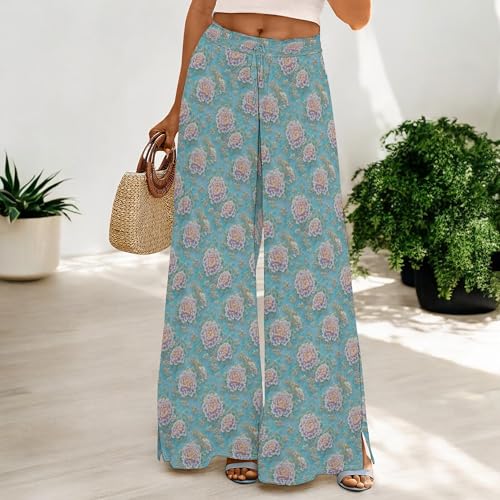 Boho Wide Leg Pants for Women 2025 Summer Smocked Waist Floral Palazzo Pants Flowy Lounge Pants Beach Trousers Pockets3