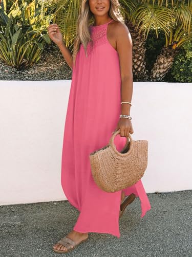 Image of FARORO Sleeveless Long Dress for Women Boho Halter Maxi Sundress Casual Loose Dresses Split Cover Up Gown with Pockets