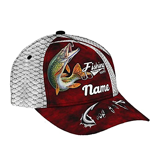 Personalized Name 3D Printed Unisex Cap Hat Fishaholic Northern Pike Fishing Personalize Name Cap Text Name Customized Classic Cap Snapback Cap Baseball Cap for Men Women Sports Outdoor White