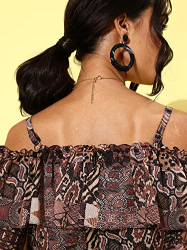 Image of Miss Chase Women's Multicoloured-Base-Black Off-Shoulder Ruffled Sleeve Animal Print Frilled Regular Jumpsuit