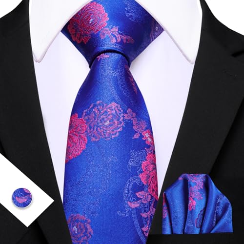 Image of Barry.Wang Flower Ties for Men Silk Woven Floral Tie Sets Necktie Handkerchief Cufflinks Wedding Party