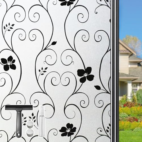 Qualsen Vinilos para Cristales Decorativos, Vinilo No Adhesivo Cristal Diseño de Flores Esmeriladas, Estática Vinilo Ventana Privacidad para Cocina Oficina Anti UV 30 x 200 cm, Flor Negra