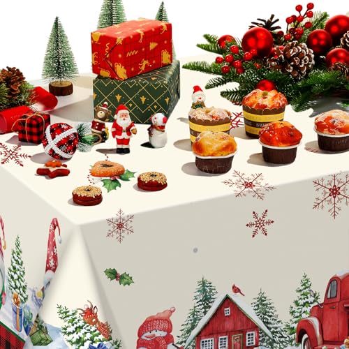 Tiamon Christmas Tablecloth Xmas Table Cover Rectangle Fabric Winter Snowman Gnome Vintage Table Cloth for Farmhouse Decor Holiday Party Supplies(60 x 84 Inch) – Image 7