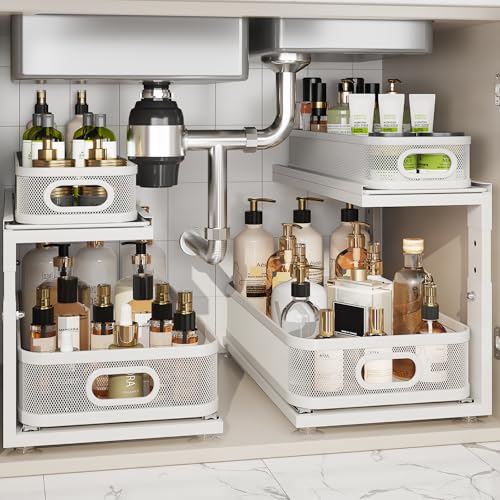 Image of 2 Pack 18.5IN-Depth Under Sink Organizer With Next-Gen Ball-Bearing Slides,2-Tier Precision Mesh Pull Out Cabinet Storage for Bathroom&Kitchen,Height Adjustable Drawers Shelf,Anti-rust-White