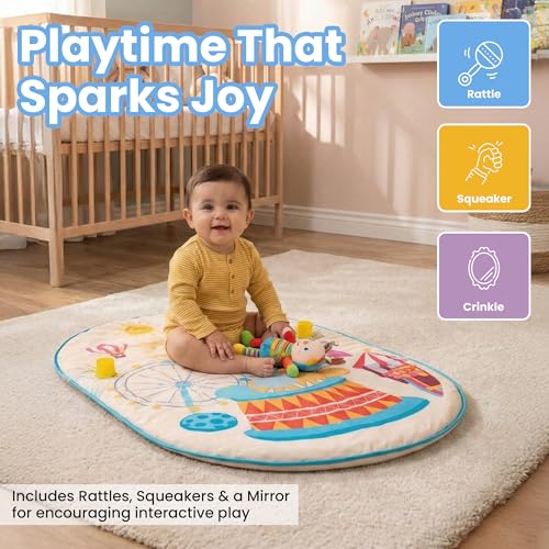 Image of Baby Play Gym & Activity Mat for Newborns | Soft Tummy Time Play Mat with Hanging Toys, Playgym for Babies Mirror & Rattle Activity Gym for Infants