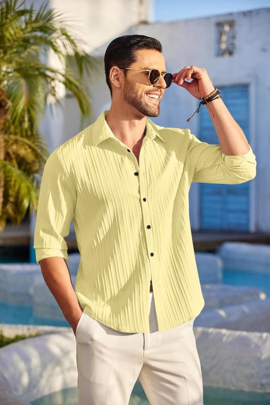 Image of FINIVO FASHION Men's Casual Cotton Plain Button Down Shirt Long Sleeve Textured Summer Beach Shirt for Men
