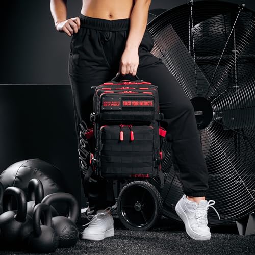 Image of WOLFpak 25L Athletic Gym Backpack (Red Wolf) Durable 1000D Waterproof Oxford Material with MOLLE Webbing, Laptop Pocket & Dual Cup Holders, Durable Fitness /Travel /Military Daypack