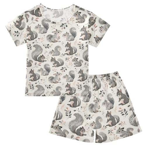 ALAZA Squirrel with Leaves Gray Pajamas Short Sleeve 2 Piece Sleepwear Top and Bottom Pajama Set Unisex