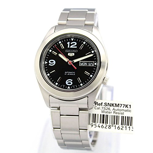 Preisvergleich Produktbild Seiko SNKM77K1 5 Gent Herren-Armbanduhr, automatisch, analog, schwarzes Zifferblatt, graues Stahlarmband