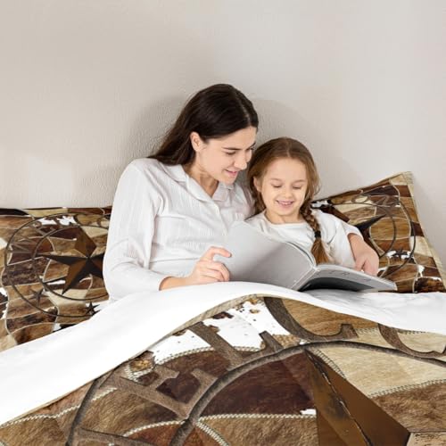 Image of Western Texas Star Bedding Set Twin Cowhide Comforter Set Rustic Farmhouse Comforter Vintage Decor Rural Country Farmhouse Duvet Set Twin Size Quilt 2Pcs Boys