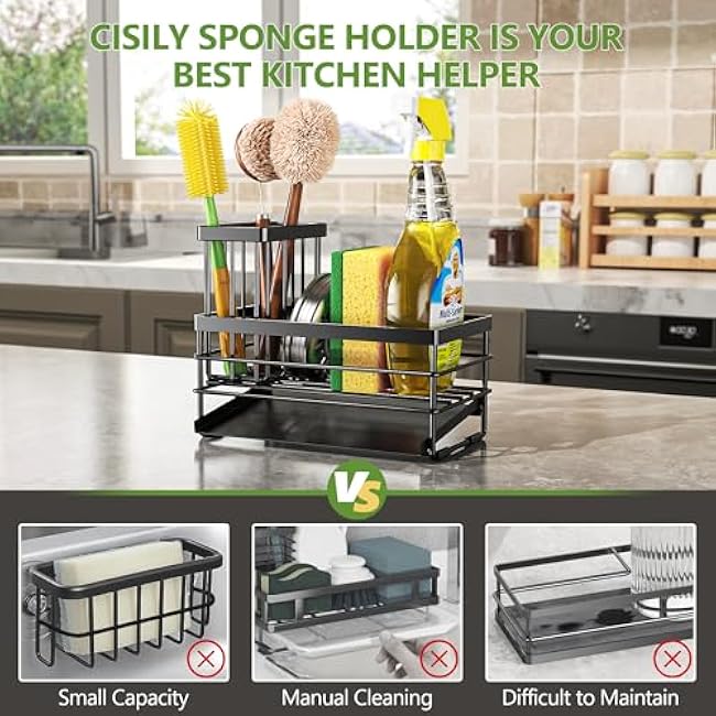 Cisily Sink Caddy Sponge Holder for Kitchen with Brush Holder and Stainless Steel Self Drain Tray, Rustproof Kitchen Sink Organizer for Sponge, Soap Dispenser Storage Accessories (Black)