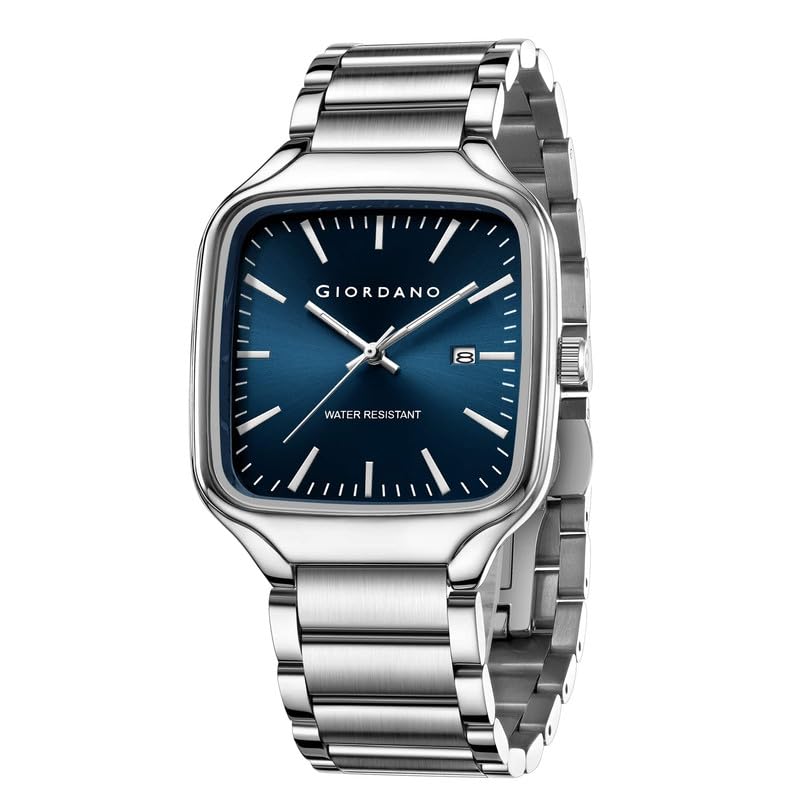 Image of Giordano Analog Watch for Men - Square Dial, Stainless Steel Strap, Date Display, Water Resistant Classic Dress Watch