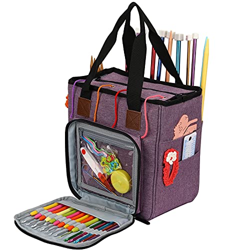 LOOEN Bolsa de armazenamento de malha de fio - organizador de crochê grande capacidade bolsa de viagem portátil com alça de ombro ganchos de crochê capa para projeto em massa não acabado roxo