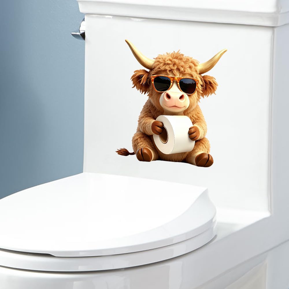Cute Animal Toilet Seat Sticker, Squirrel Monkey Cat Highland Cow Hold Toilet Paper PVC Waterproof Toilet Lid Decals, Funny Humorous Bathroom Restroom Wall Decor Stickers (Highland Cow)