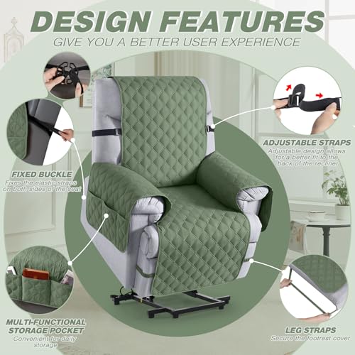 Image of TAOCOCO 100% Waterproof Recliner Covers, Recliner Sofa Covers with Leg Straps, Reversible Recliner Couch Cover for Reclining Chair, Washable Couch Protector for Pets Kids(1 Seater 22 inch, Moss Green)