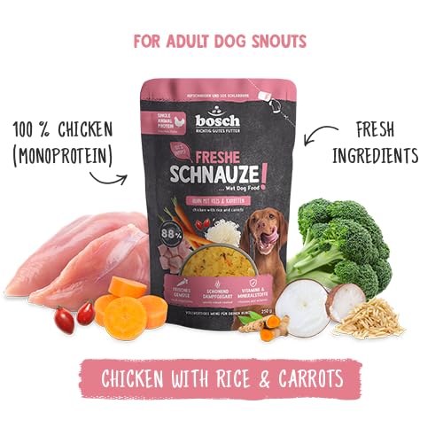 Bosch Freshe Schnauze, Huhn mit Reis und Karotten 8 x 250 g, Schonend Dampfgegartes Nassfutter für Hunde, Vollwertiges Alleinfuttermittel mit hohem Fleischgehalt, 8 x 250 g Hundenassfutter