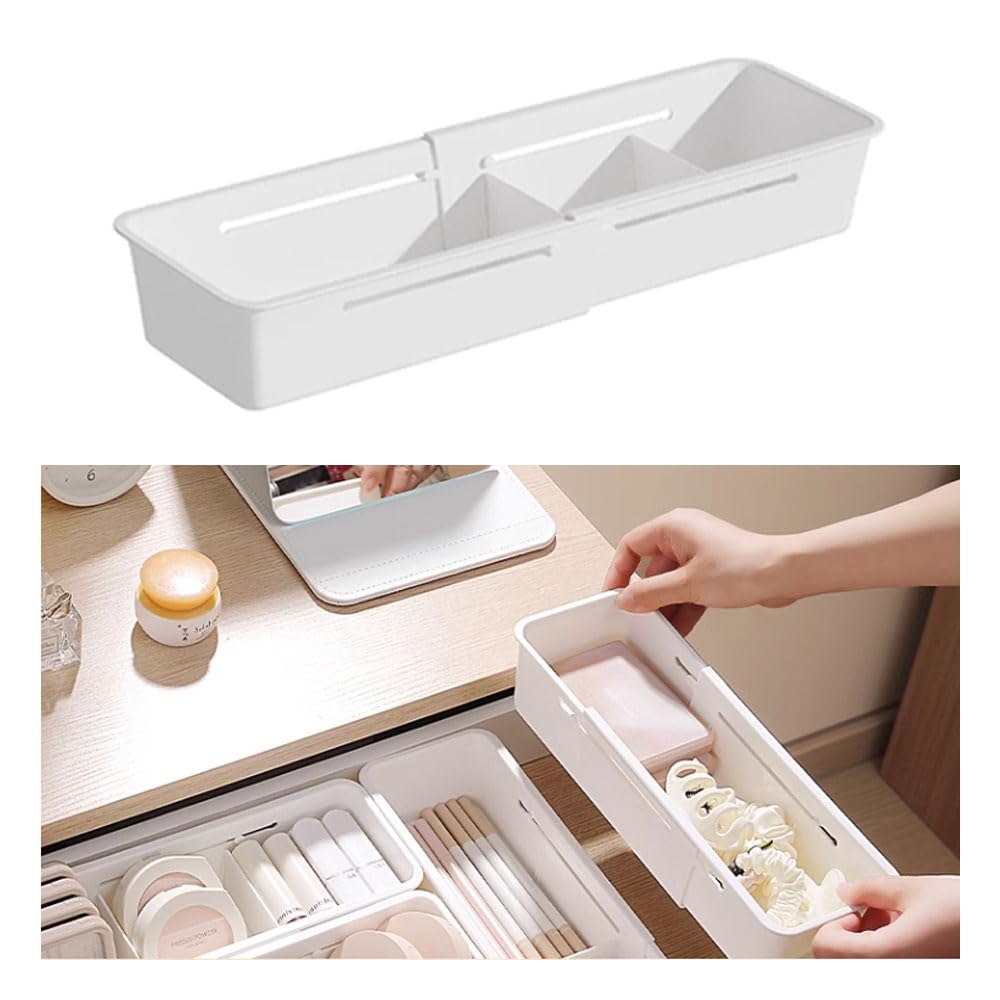 Ygapuzi Expandable Storage Drawer Organizers Sliding Bin Plastic Desk Drawer Trays with Removable Dividers Adjustable Makeup Storage Bins for Bedroom, Bathroom, Clothes, Kitchen Utensil (Small)