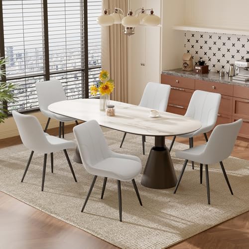 Daluvenix Upholstered Dining Chairs Set of 6, Modern Faux Leather Dining Room Chairs with Thick Cushion and Metal Legs, Kitchen Chairs with Back for Dining Room, White
