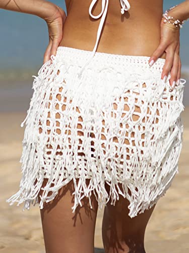 Floerns Women's Solid Hollow Out Fringe Hem Crochet Swim Beach Cover Up Skirt2