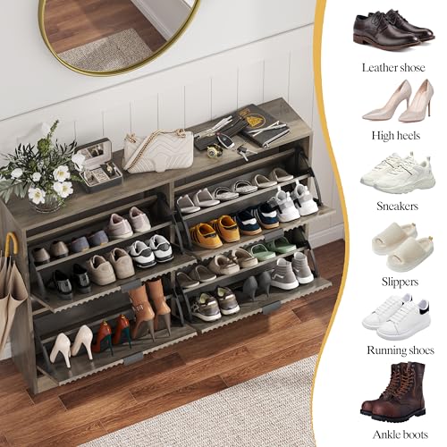 Image of HUANLEGO Shoe Cabinet Storage for Entryway with 4 Flip Drawers, Grey Fluted Shoe Cabinet with Adjustable Shelves, Wooden Hidden Shoes Rack Freestanding Narrow Slim Shoes Storage for Hallway, Entrance