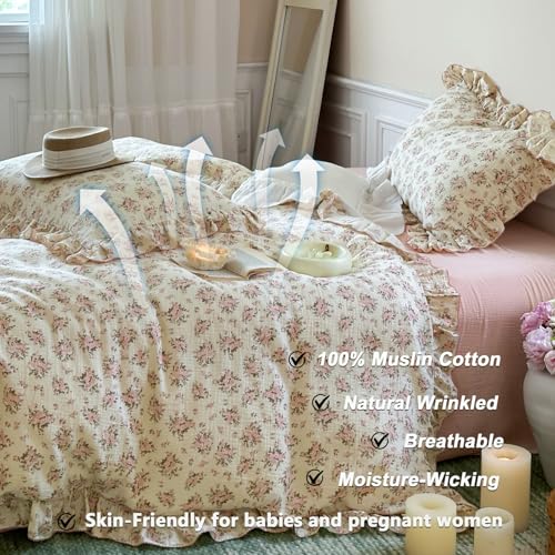 Image of VM VOUGEMARKET Pink Flower Duvet Cover Twin,Double-Layer Cotton Gauze Duvet Cover with Ruffles,Soft, Breathable Comforter Cover for Kids Girls