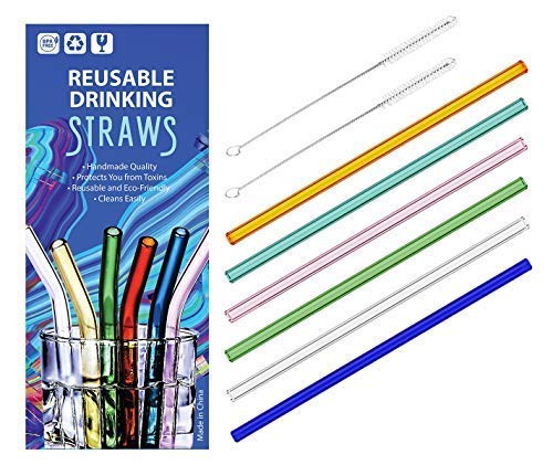 Reusable Glass Drinking Straws, Set of 6 With 2 Cleaning Brushes,Shatter Resistant,BPA Free, Non-Toxic, Eco-Friendly, for Juice,Milkshakes, Frozen Drinks, Smoothies,8'' x10mm, Multi Color (6 Straight)