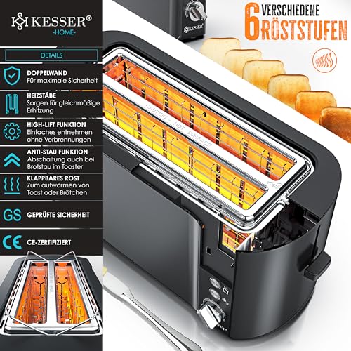 KESSER® Toaster mit Brötchenaufsatz, Langschlitz 4 Scheiben mit 6 Bräunungsstufen + Auftau- &...