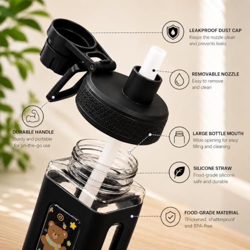 Image of Kawaii Water Bottle with Straw and Sticker, Kawaii Bear Water Bottle, Large Sport Plastic Portable Square Drinking Bottle for Girl, Cute Juice Tea Water Cups, 700 ML (BLACK)