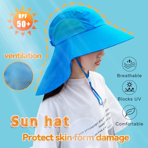 Image of Rosoz Kids Sun Hat with Neck Flap UV Protection Summer Toddler Beach Hat Unisex Ponytail Hat Wide Brim Fishing Hat