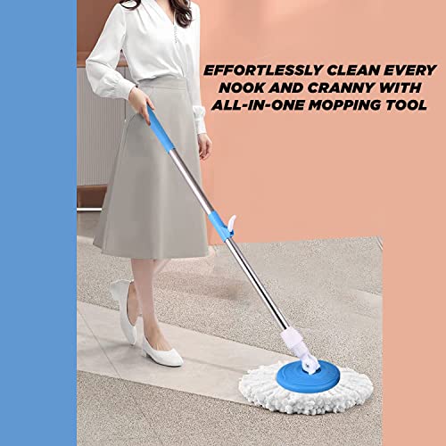 Image of Spin Mop with Extendable Handle, Multi-Surface Floor Cleaning System, Blue and White, Microfiber Pad, Rotating Head for Home, Kitchen