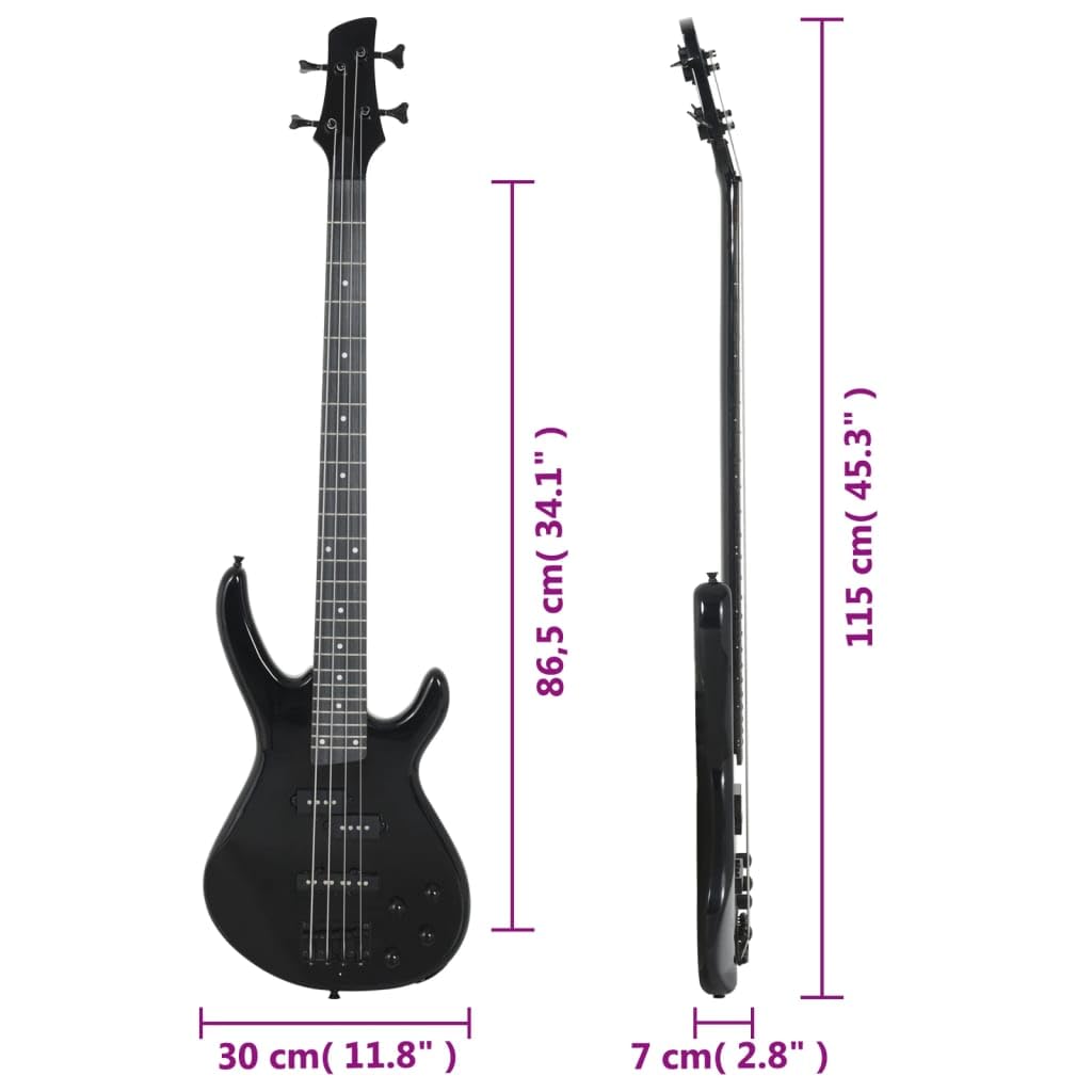 E-Bass für Anfänger mit Tasche, Schwarz, 4/4 46 Zoll, Massivholz, inklusive Stimmgerät, Plektrum, Audiokabel, Tragegurt, für Unterricht Übung Bühne Studio Band