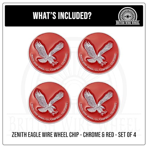 Image of Zenith Eagle Chrome & Red Metal Wheel Chip Emblems (Set of 4) | Triple Chrome Plated Solid Metal Wheel Chip Emblems, 2.25 inch | for Lowriders with Recessed Knock Off Spinner Caps