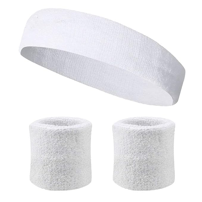 Sports Headband and Pair of Wristband (5 Inch) (Black) Sport Sweat Band Workout Tennis Cycling Gym Football Cricket (White)-image-44