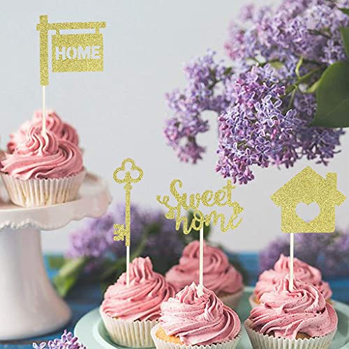24 Pcs Gold Glitter Sweet Home Key Cupcake Toppers Picks For Housewarming New Home Theme Party Cake Decorations Supplies #TOP5