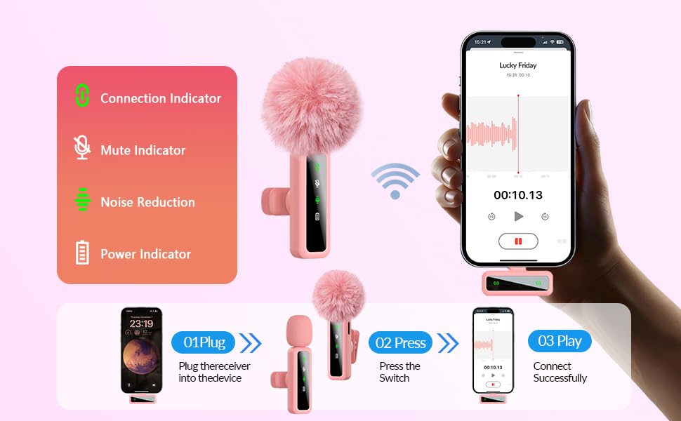 Image of Wireless Lavalier Microphone for iPhone - iPad, Android Phone Computer, Mini Microphone for Live Streaming, Video Recording, Outdoor or Indoor Interviews, YouTube, TikTok, Vlog (Pink)