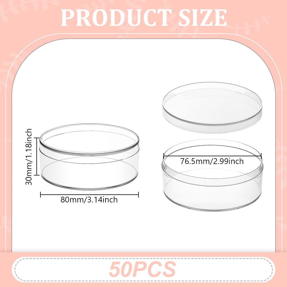 AHANDMAKER 50PCS Clear Round Organizer Box 3"x1" Small Acrylic Containers with Lids Circular Candy Box for Bead Jewelry Storage Wedding Graduation Gift Craft Decorations