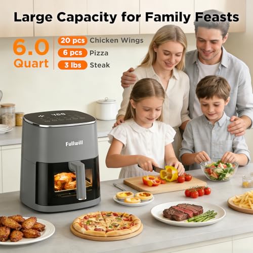 Image of Fullwill 6QT Air Fryer with Viewing Window,12-in-1 Multi-Function Air Fry,Roast,Bake, Dehydrate, Fries,Nonstick and Dishwasher-Safe Basket,Family&friends Party,Max 400℉ Crisping 1700W,Gray